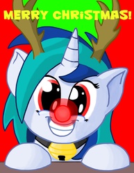 Size: 2532x3283 | Tagged: safe, artist:silvathebrony, dj pon-3, vinyl scratch, pony, reindeer, unicorn, g4, bell, cat bell, christmas, female, grin, high res, holiday, horn, looking at you, mare, merry christmas, red nose, smiling, smiling at you, solo