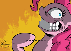 Size: 1780x1280 | Tagged: safe, artist:andypriceart, idw, pinkie pie, earth pony, pony, g4, the return of queen chrysalis, crazy smile, grin, pinkie pie is best facemaker, slasher smile, slit throat gesture, wide eyes