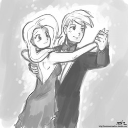 Size: 850x850 | Tagged: safe, artist:johnjoseco, big macintosh, fluttershy, human, g4, clothes, dancing, dress, female, grayscale, humanized, male, monochrome, ship:fluttermac, shipping, straight