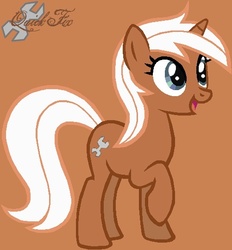 Size: 501x541 | Tagged: safe, artist:clubpenguin1, silver spanner, g4, brown background, cutie mark, eyes open, full body, happy, open mouth, raised hoof, side view, simple background, smiling, solo, standing