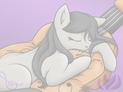 Size: 1024x768 | Tagged: safe, artist:raininess, octavia melody, earth pony, pony, g4, cello, female, musical instrument, pillow, sleeping, solo