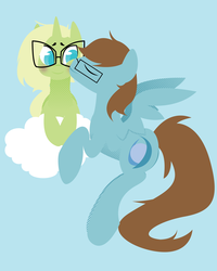 Size: 2000x2500 | Tagged: safe, artist:robynne, oc, blushing, cheek kiss, flying, glasses, kissing