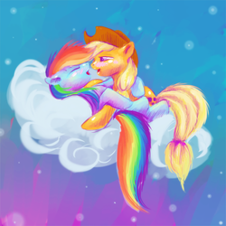 Size: 504x504 | Tagged: safe, artist:lazeros, applejack, rainbow dash, pony, g4, blushing, cloud, female, lesbian, mare, on a cloud, ship:appledash, shipping