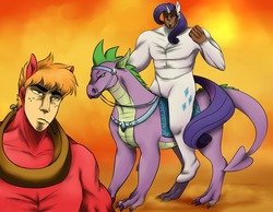 Size: 1280x994 | Tagged: dead source, safe, artist:cartoonlion, big macintosh, rarity, spike, earth pony, pony, g4, crossover, hokuto no ken, kenshiro, male, parody, raoh, stallion