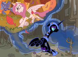 Size: 2338x1700 | Tagged: safe, artist:tess, nightmare moon, princess celestia, princess luna, g4, bad end, feels, forest, lonely, memory, pink-mane celestia, race, running of the leaves, sad, tree, younger