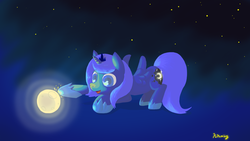Size: 1366x768 | Tagged: safe, artist:popoming, princess luna, pony, g4, female, filly, moon, poking, solo, space, tangible heavenly object, woona, younger