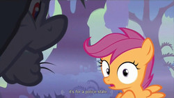 Size: 1176x662 | Tagged: safe, screencap, olden pony, scootaloo, g4, sleepless in ponyville, youtube caption