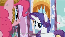 Size: 1176x662 | Tagged: safe, screencap, pinkie pie, rarity, g4, party of one, ei, hub logo, whipping, youtube caption