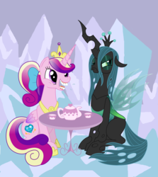 Size: 1764x1980 | Tagged: dead source, safe, artist:hornedsheep, princess cadance, queen chrysalis, alicorn, changeling, changeling queen, pony, g4, faic, female, tea party