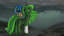 Size: 960x540 | Tagged: safe, artist:gingermint, artist:icekatze, oc, oc only, alicorn, pony, fallout equestria, bandage, butt, duo, plot