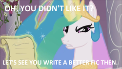Size: 889x500 | Tagged: safe, princess celestia, pony, g4, angry, bitchlestia, fanfic, female, reaction image, rebuttal, scroll, solo, stare