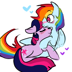 Size: 1280x1280 | Tagged: safe, artist:kuranocat, rainbow dash, twilight sparkle, g4, blushing, cuddling, cute, female, lesbian, ship:twidash, shipping, tumblr