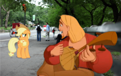 Size: 1440x900 | Tagged: safe, artist:brion24, applejack, human, pony, g4, crossover, irl, miguel (the road to el dorado), photo, ponies in real life, the road to el dorado, vector