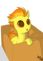 Size: 1248x1760 | Tagged: safe, artist:brainsucks, spitfire, pegasus, pony, g4, box, cardboard box, female, filly, simple background, solo, transparent background