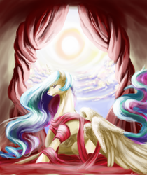 Size: 1400x1664 | Tagged: safe, artist:bunnish, princess celestia, alicorn, pony, g4, bed, female, ribbon, solo, sun