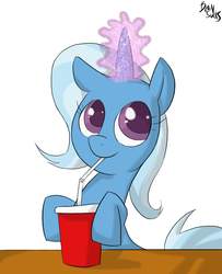 Size: 900x1106 | Tagged: safe, artist:brainsucks, trixie, pony, unicorn, g4, cute, diatrixes, drink, drinking straw, female, glowing horn, happy, horn, magic, mare, simple background, solo, white background