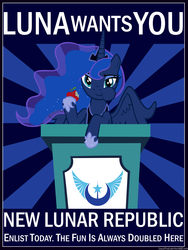 Size: 6000x8000 | Tagged: safe, artist:lazypixel, princess luna, alicorn, pony, g4, absurd resolution, apple, crown, eating, female, food, horseshoes, jewelry, mare, new lunar republic, poster, propaganda, propaganda poster, regalia, solo, text