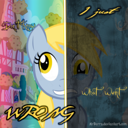 Size: 894x894 | Tagged: safe, artist:mrbarrz, derpy hooves, two sided posters, g4, crying, i just don't know what went wrong, muffin, text, two sides