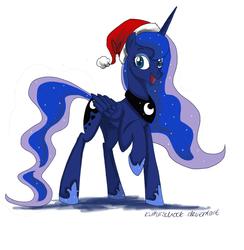 Size: 2079x2129 | Tagged: dead source, safe, artist:kulturschock, princess luna, pony, g4, female, happy, hat, raised hoof, santa hat, solo