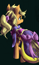 Size: 2136x3574 | Tagged: safe, artist:fauxsquared, applejack, earth pony, pony, g4, alternate hairstyle, black background, clothes, dress, female, simple background, solo