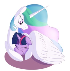 Size: 1200x1223 | Tagged: safe, artist:postscripting, princess celestia, twilight sparkle, alicorn, pony, unicorn, g4, cuddling, cute, cutelestia, horn, momlestia, sleeping, twiabetes, wing blanket