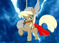 Size: 709x520 | Tagged: artist needed, safe, mjölna, pony, g4, crossover, hammer, lightning, mjölnir, mouth hold, solo, thor, weapon