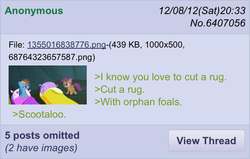 Size: 640x408 | Tagged: safe, rainbow dash, scootaloo, friendship is witchcraft, g4, sleepless in ponyville, /mlp/, 4chan, 4chan screencap, meta