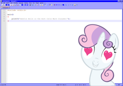 Size: 1054x741 | Tagged: safe, artist:drewklettke, sweetie belle, pony, unicorn, g4, c (language), female, filly, gritted teeth, heart eyes, i really like her mane, looking at you, microsoft windows, notepad++, programming, pun, simple background, smiling, solo, vector, white background