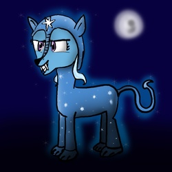 Size: 1000x1000 | Tagged: safe, artist:dominoes007, trixie, ursa minor, g4, costume, fangs, glowing, grin, lidded eyes, magic, missing horn, moon, night, simrk, solo