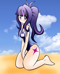 Size: 1966x2424 | Tagged: safe, artist:lucky-jj, twilight sparkle, human, g4, barefoot, beach, clothes, feet, humanized, one-piece swimsuit, school swimsuit, solo, sukumizu, swimsuit