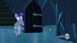 Size: 1920x1080 | Tagged: safe, spike, twilight sparkle, g4, my little pony: friendship is magic, the crystal empire, exploitable meme, meme, orange juice, the scary door