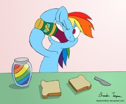 Size: 982x813 | Tagged: safe, artist:sketchinetch, rainbow dash, g4, jar, peanut butter, solo, zap apple jam