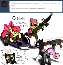 Size: 1101x1117 | Tagged: safe, apple bloom, babs seed, scootaloo, sweetie belle, oc, g4, counter-strike, equestria-latina, spanish