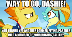 Size: 624x321 | Tagged: safe, edit, edited screencap, screencap, lightning dust, spitfire, pegasus, pony, g4, wonderbolts academy, duo, image macro, implied gilda, nice job breaking it hero, sarcasm, text