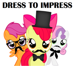 Size: 409x366 | Tagged: safe, apple bloom, scootaloo, sweetie belle, earth pony, pegasus, pony, unicorn, g4, bowtie, cutie mark crusaders, female, filly, glasses, hat, moustache, top hat