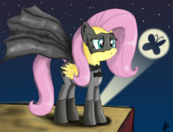 Size: 1175x894 | Tagged: safe, artist:ohthatandy, fluttershy, pegasus, pony, g4, batman, batmare, cape, clothes, costume, flutterbatman