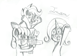 Size: 1173x843 | Tagged: safe, artist:daniel-sg, artist:i-need-a-medic, apple bloom, scootaloo, sweetie belle, trixie, earth pony, pony, unicorn, g4, at gunpoint, cutie mark crusaders, female, filly, foal, gun, mare, sketch, threatening, tongue out, traditional art, weapon