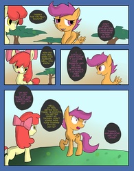 Size: 2511x3226 | Tagged: safe, artist:juanrock, apple bloom, scootaloo, earth pony, pegasus, pony, comic:element of loyalty, g4, :o, apple bloom's bow, bow, comic, dialogue, duo, duo female, female, filly, frown, grass, hair bow, lidded eyes, looking back, open mouth, raised hoof, scootalove, smiling, speech bubble, tree, wide eyes