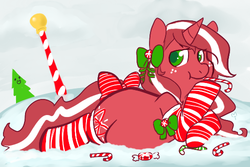 Size: 500x334 | Tagged: safe, artist:mt, oc, oc only, oc:red ribbon, pony, unicorn, candy, candy cane, christmas, chubby, fat, horn, snow, unicorn oc