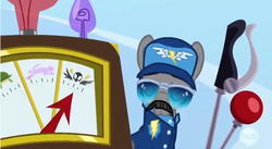 Size: 636x348 | Tagged: safe, screencap, whiplash, pony, g4, wonderbolts academy, clothes, dizzitron, facial hair, lever, male, moustache, stallion, sunglasses, uniform