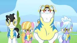 Size: 1261x709 | Tagged: safe, screencap, bulk biceps, cloudchaser, meadow flower, mercury, starry eyes (character), pegasus, pony, g4, wonderbolts academy, background pony, clothes, ear piercing, earring, female, goggles, jewelry, lead pony badge, line-up, male, mare, piercing, stallion, uniform, wingpony badge, wonderbolt trainee uniform