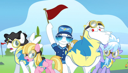 Size: 1233x711 | Tagged: safe, screencap, bulk biceps, cloudchaser, fast clip, manerick, meadow flower, mercury, starry eyes (g4), pegasus, pony, g4, wonderbolts academy, clothes, ear piercing, earring, female, flag, glasses, goggles, hat, hoof hold, jewelry, male, mare, piercing, stallion, sunglasses, uniform, wingpony badge, wonderbolt trainee uniform