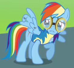 Size: 314x286 | Tagged: safe, screencap, rainbow dash, pegasus, pony, g4, wonderbolts academy, clothes, cropped, female, goggles, injured, injured wing, mare, raised hoof, uniform, wonderbolt trainee uniform