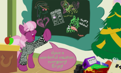 Size: 1086x652 | Tagged: safe, artist:frist44, cheerilee, derpy hooves, fluttershy, queen chrysalis, rainbow dash, earth pony, pony, g4, apple, chalkboard, cheerilee-s-chalkboard, christmas, christmas tree, clothes, dialogue, doctor who, female, food, gamecube, holiday, homestuck, mare, ponyville schoolhouse, speech bubble, sweater, tree