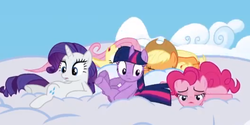 Size: 526x262 | Tagged: safe, screencap, applejack, fluttershy, pinkie pie, rarity, twilight sparkle, earth pony, pegasus, pony, unicorn, g4, wonderbolts academy, unicorn twilight