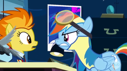 Size: 622x348 | Tagged: safe, screencap, rainbow dash, spitfire, g4, wonderbolts academy, clothes, desk, lamp, necktie, office, spitfire's office, uniform, window, wonderbolt trainee uniform, wonderbolts dress uniform