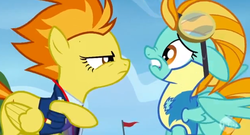Size: 624x338 | Tagged: safe, screencap, lightning dust, spitfire, pegasus, pony, g4, wonderbolts academy, angry, bitchfire, clothes, duo, ears back, expelled, female, glare, goggles, lip bite, mare, raised hoof, uniform, wonderbolt trainee uniform, wonderbolts dress uniform