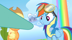 Size: 1271x707 | Tagged: safe, screencap, applejack, lightning dust, rainbow dash, pegasus, pony, g4, wonderbolts academy, female, hoofbump, mare, rainbow waterfall, solo focus, wingpony badge, wonderbolt trainee uniform