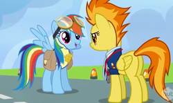 Size: 578x344 | Tagged: safe, screencap, rainbow dash, spitfire, pegasus, pony, g4, wonderbolts academy, butt, clothes, duo, female, goggles, lead pony badge, mare, plot, spread wings, uniform, wingboner, wings, wonderbolt trainee uniform, wonderbolts dress uniform