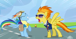 Size: 622x318 | Tagged: safe, screencap, rainbow dash, spitfire, pegasus, pony, g4, wonderbolts academy, clothes, duo, eyes closed, female, goggles, lead pony badge, mare, necktie, shout, spitfire's tie, spread wings, sunglasses, traditional royal canterlot voice, uniform, wingboner, wings, wonderbolt trainee uniform, wonderbolts dress uniform